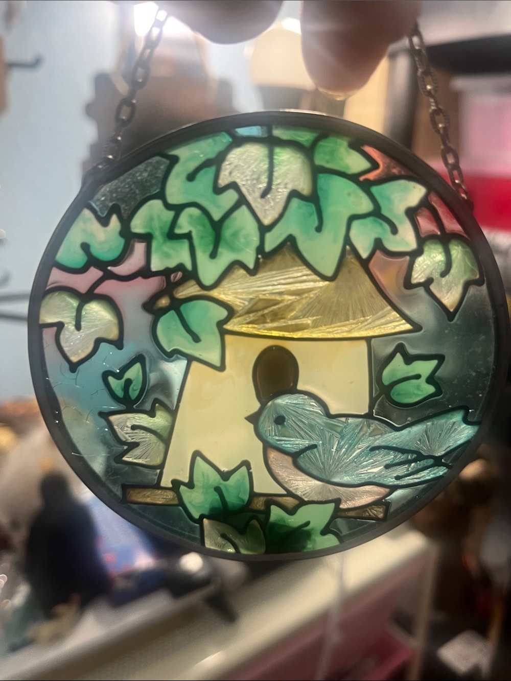 Handcrafted Stained Glass Bird & Birdhouse Suncatcher - Green and Teal 656